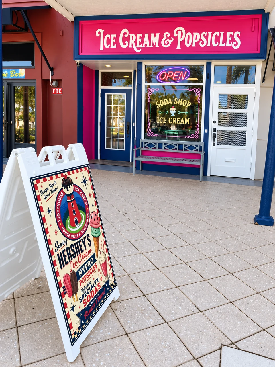Lighthouse Ice Cream's Riverfront storefront in Daytona Beach, with its pink Ice Cream & Popsicles sign and soda shop window